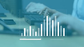 Hands typing keys at call-center desk causing chart shifting as agents speak entering live metrics. Collaboration, teamwork, client service, data analysis, corporate, modern, communication - Powered by Shutterstock - Get 15% off with code: PIKWIZARD15