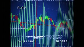 Starting VHS playback showing financial chart updating green bars and red line amid static glitches. Retro, analog, glitch, data, technology, visualization, noise - Powered by Shutterstock - Get 15% off with code: PIKWIZARD15