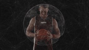 Athlete holding basketball causing rotating sphere around him, lifting gaze showcasing technology. Athlete, innovation, digital, futuristic, sport, performance, technology - Powered by Shutterstock - Get 15% off with code: PIKWIZARD15