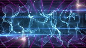 Central mesh ribbon emerging from magenta grid, pulsing and shifting while visualizing data flow. Abstract, futuristic, digital, vibrant, animation, technology, visualization - Powered by Shutterstock - Get 15% off with code: PIKWIZARD15