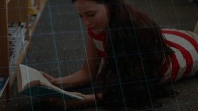 Student opening teal book and turning pages as shifting graphs overlaying library study. Education, research, analysis, focus, concentration, modern, digital - Powered by Shutterstock - Get 15% off with code: PIKWIZARD15