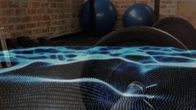 Digital mesh wave emerging from floor, rippling over loaded barbell, visualizing fitness data flow. Technology, fitness, data visualization, digital art, strength training, modern, abstract - Powered by Shutterstock - Get 15% off with code: PIKWIZARD15