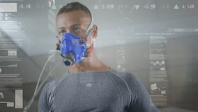 Male runner running on treadmill starting, HUD tracking respiratory mask, legs and fitness metrics. Athlete, cardio, training, sensor, infographic, gym, focus - Powered by Shutterstock - Get 15% off with code: PIKWIZARD15