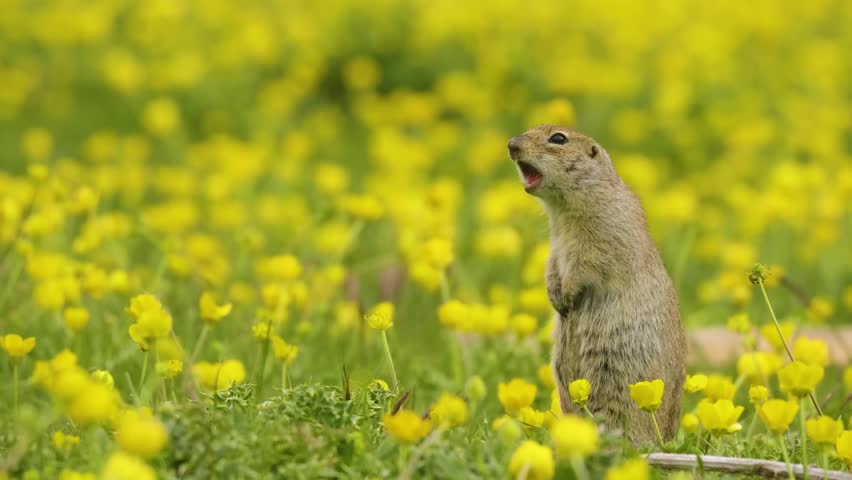 A wild Mountain Caucasian ground squirrel, also known as the Elbrus ground squirrel, stands alert on its hind legs among vibrant yellow buttercup flowers in its natural habitat in the Caucasus Mountai