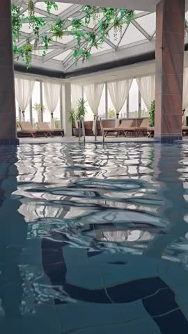 Empty indoors swimming pool with blu water during wintertime