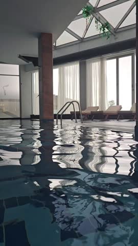 Empty indoors swimming pool with blu water during wintertime