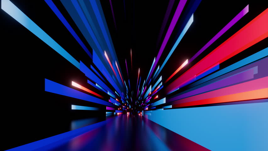 cycled 3d animation. Abstract background. Straight blue pink neon stripes and ribbons appear, fly randomly towards the camera and disappear, moving from center to the sides in slow motion