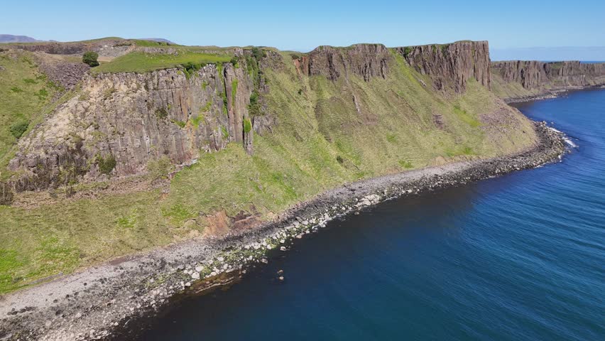 Aerial panorama of Staffin basalt cliffs on Isle of Skye, Scotland, UK
