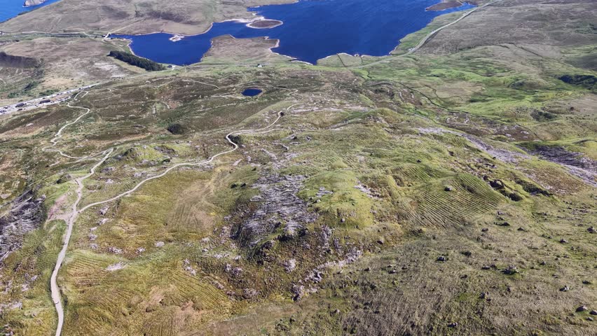Drone panorama of Storr Lochs on Trotternish Peninsula, Isle of Skye, Scotland