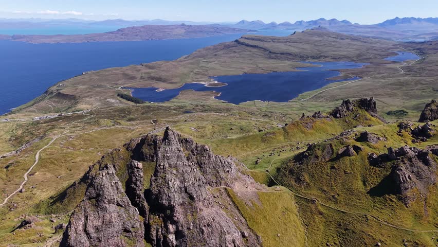 Aerial view from Old Man of Storr over Loch Leathan, Isle of Skye, Scotland, UK
