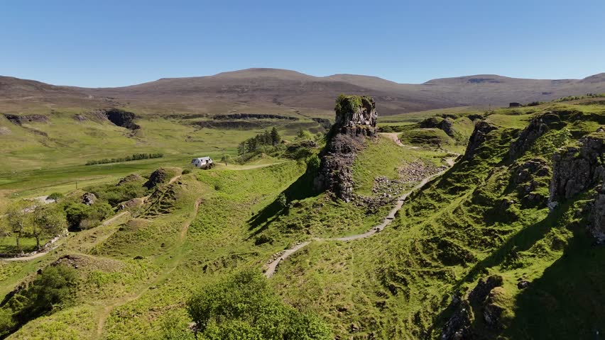Aerial view of Castle Ewen in Fairy Glen, Isle of Skye, Scotland