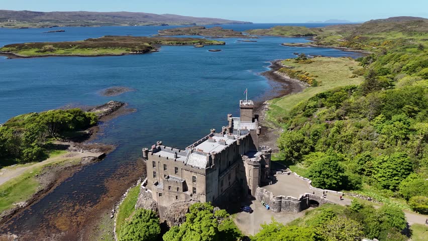Drone shot of Dunvegan Castle on Isle of Skye, Scotland, United Kingdom