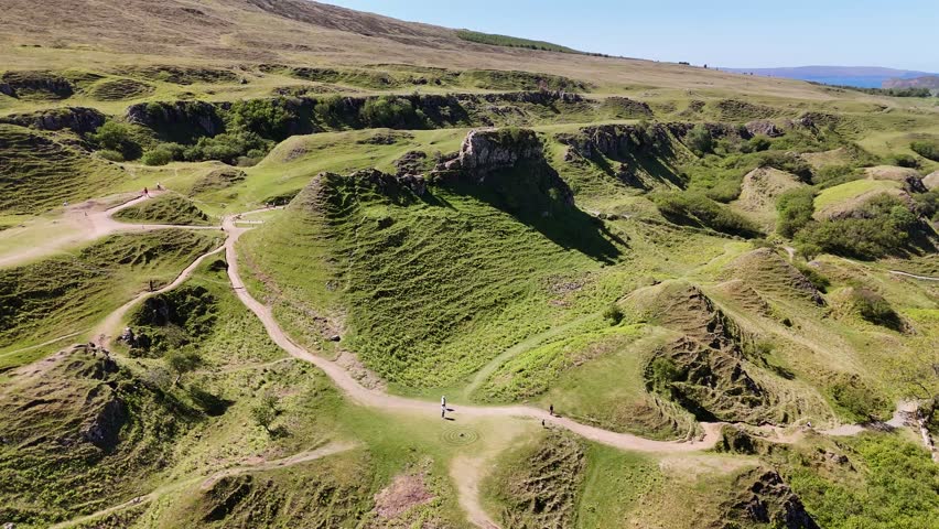Drone shot of Fairy Glen hills and formations, Isle of Skye, Scotland, UK