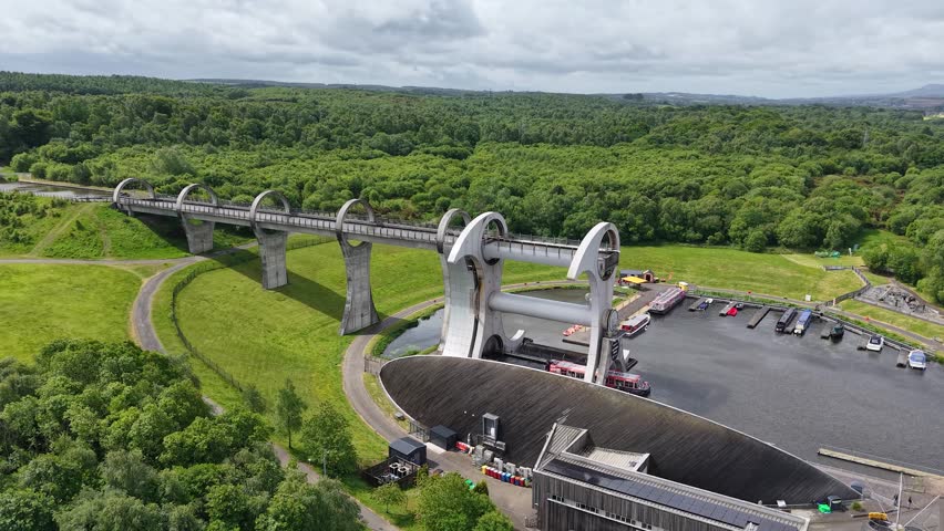 Aerial view of Falkirk Wheel, the world's only rotating boat lift, Scotland, UK