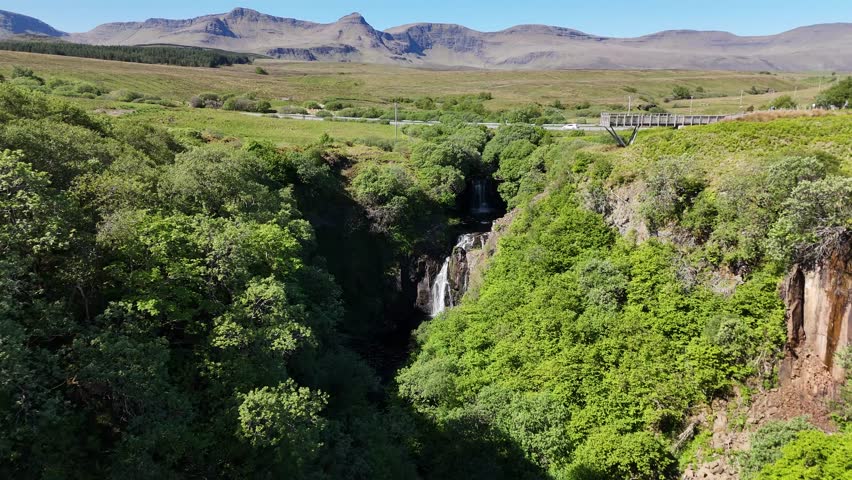 Aerial view of Lealt Falls waterfall on Isle of Skye, Scotland, United Kingdom
