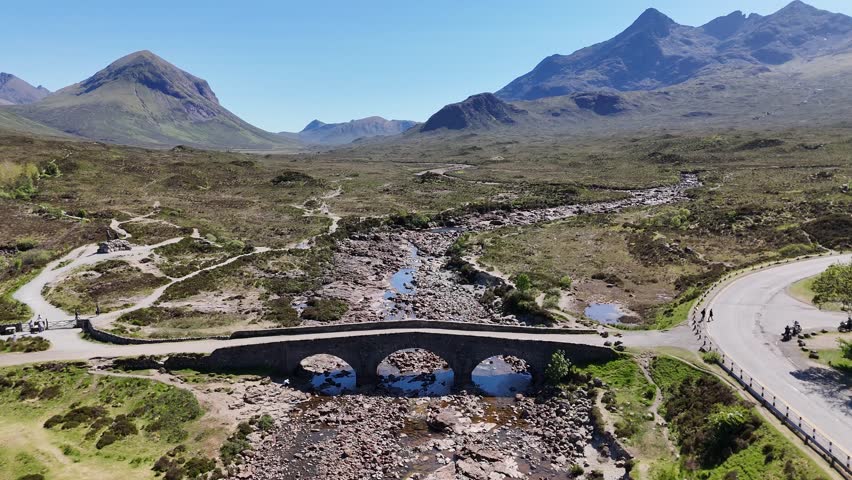 Aerial view of Sligachan Old Bridge and Cuillin Mountains, Scotland, UK