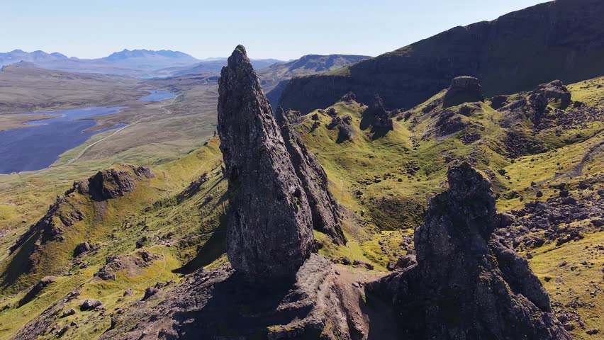 Drone view of Old Man of Storr basalt pinnacle, Isle of Skye, Scotland, UK
