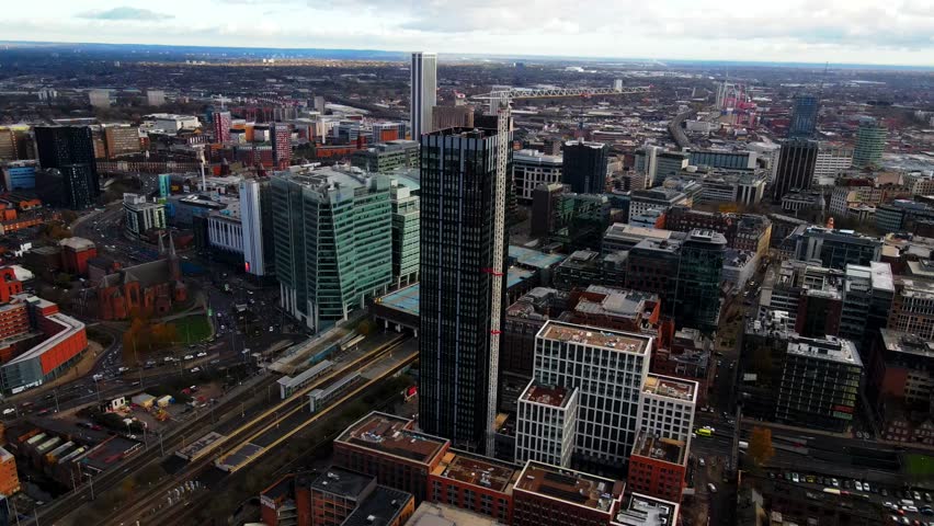 Panoramic aerial view of Birmingham city center and construction crane