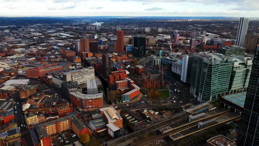 Aerial view of Birmingham city center with Alpha Tower skyscraper