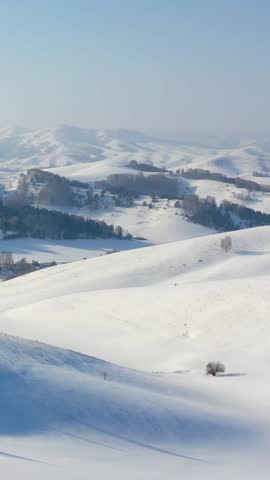 Vertical Aerial video view from drone on winter snow landscape natural background. Biryuksinsky mountain pass in Altai. Siberia, Russia