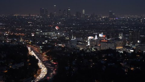 Los Angeles Skyline, Aerial View, Hollywood by night, California, USA, Highway