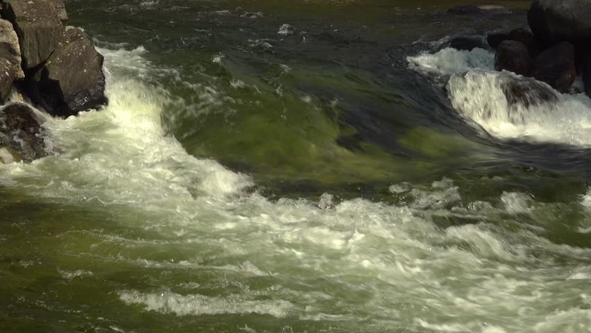 A close-up of a green tongue shaped rapid flowing through rocks on a river.