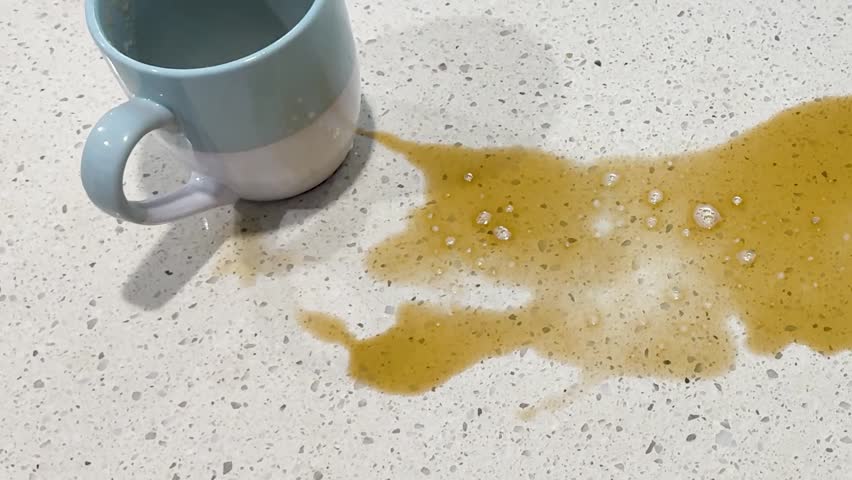 A hand uses a pink microfiber cloth to wipe a liquid spill on a countertop.