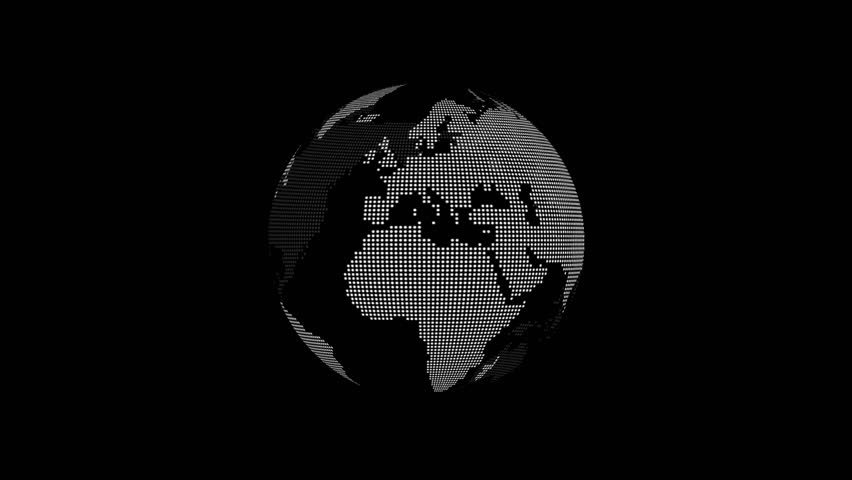 Rotating halftone globe with detailed continents world map animation. Abstract global sphere composed of halftone dots rotating on its axis.