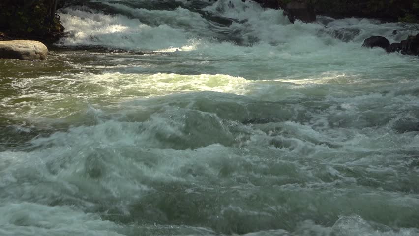 A close-up of rushing turquoise river rapids falling downstream in a forest during the summer.