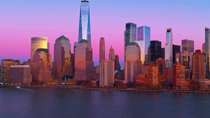 New York over Hudson River. NYC Manhattan with iconic towers, NYC. New York City panorama at dusk. New York in evening light. NYC aerial panorama. New York Manhattan skyscrapers.