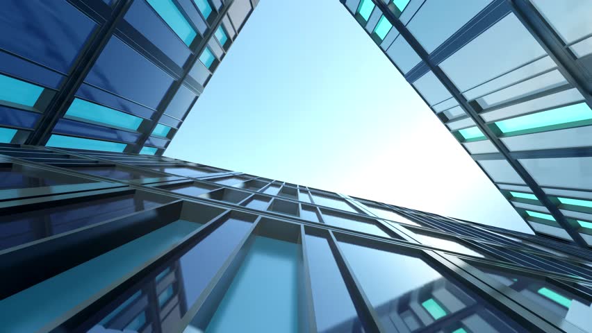 Modern Architectural Design Triangular Openings in Glass Buildings with Sleek Lines and Reflective Surfaces, Showcasing Contemporary Architecture and Dynamic Visual Effects Against Clear Blue Sky