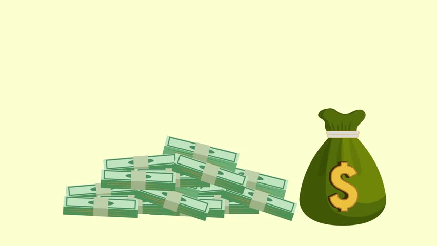 Animated pile of money with falling cash bundles and dollar money bag on a clean background. Ideal for finance, wealth, income, savings, profit, banking and business concepts