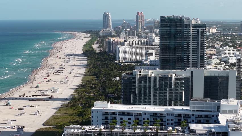 South Beach Miami USA, Drone Shot of Beachfront Buildings, Cityscape Skyline on Hot Sunny Day