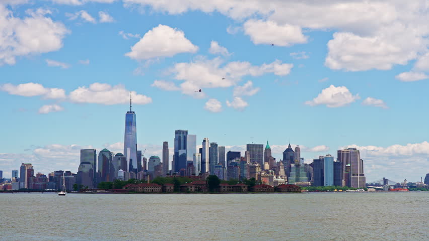 NYC Manhattan skyline above the river. New York City skyline wide panorama. NYC American city with famous skyline. New York skyline downtown district.
