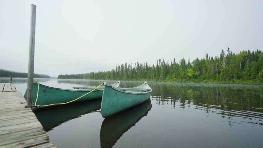 Low angle static of weathered canoes floating beside dock along forested shoreline, untouched wilderness of Seignurie Du Triton Quebec Canada