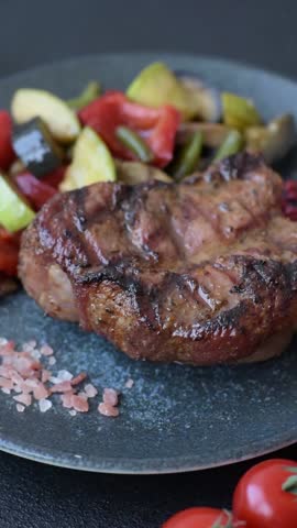 Pork breast steak, grilled fillet, healthy food, lunch. Pork steak as food background for your design