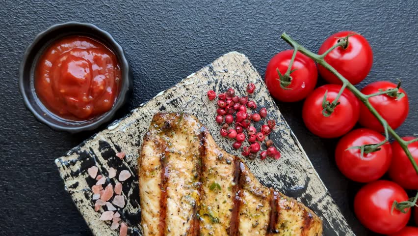 Chicken breast steak, grilled poultry fillet, healthy food, lunch. Chicken steak as food background for your design
