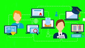 Animated flat vector illustration showing a network of students and professionals connected via laptops and digital screens for online learning, isolated on a green screen. - Powered by Shutterstock - Get 15% off with code: PIKWIZARD15