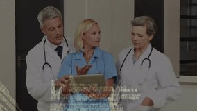 Animation of caucasian male and female doctors using tablet over data processing. global medicine and digital interface concept digitally generated video. - Powered by Shutterstock - Get 15% off with code: PIKWIZARD15