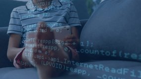 Data processing over caucasian boy smiling while using digital tablet sitting on the couch at home. Global networking and technology concept - Powered by Shutterstock - Get 15% off with code: PIKWIZARD15