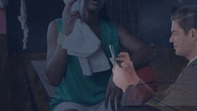 Animation of data processing and caucasian businessman over african american sportswoman with towel. Global sport and digital interface concept digitally generated video. - Powered by Shutterstock - Get 15% off with code: PIKWIZARD15