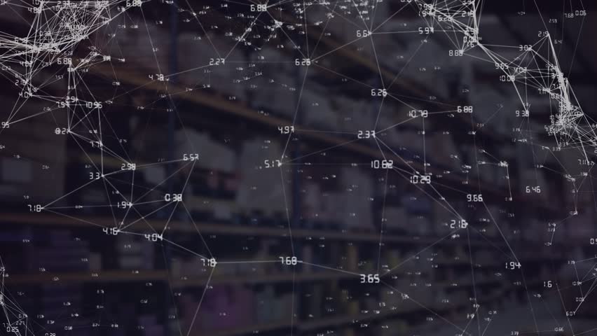 Animation of nft text with network of connections, globe and data processing over warehouse. Global technology, computing and digital interface concept digitally generated video.
