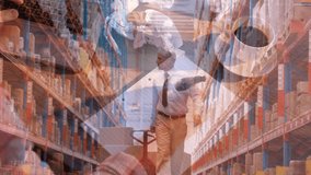 Animation of data processing over people working in warehouse. Global business finance and data processing concept digitally generated video. - Powered by Shutterstock - Get 15% off with code: PIKWIZARD15