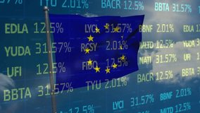 Animation of stock market data processing over waving eu flag against globe and blue sky. Global economy and business technology concept - Powered by Shutterstock - Get 15% off with code: PIKWIZARD15