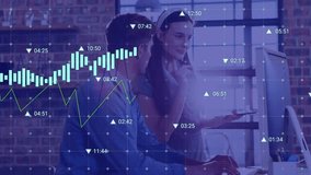 Animation of financial data processing over business people working in office. Global computing, finance, business and data processing concept digitally generated video. - Powered by Shutterstock - Get 15% off with code: PIKWIZARD15