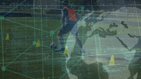Animation of globe, connected icons, computer language over african american male player doing drill. Digital composite, multiple exposure, globalization, coding, soccer, sports, competition - Powered by Shutterstock - Get 15% off with code: PIKWIZARD15