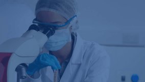 Animation of scientific data processing over caucasian female scientist in face mask with microscope. Global science, research, computing and data processing concept digitally generated video. - Powered by Shutterstock - Get 15% off with code: PIKWIZARD15