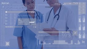 Animation of data processing over two diverse female doctors discussing over a report at hospital. Medical healthcare technology concept - Powered by Shutterstock - Get 15% off with code: PIKWIZARD15