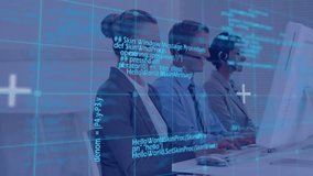 Animation of data processing over diverse colleagues using phone headsets and computers. Global business, communication, computing and digital interface concept digitally generated video. - Powered by Shutterstock - Get 15% off with code: PIKWIZARD15