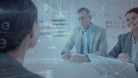 Animation of network and data processing over caucasian male and female colleagues using laptop. Network, data, business, teamwork, connection, meeting and communication, digitally generated video. - Powered by Shutterstock - Get 15% off with code: PIKWIZARD15